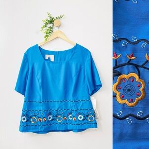 Vintage NWT Dress Barn Blue Floral Embroidered Square Neck Top